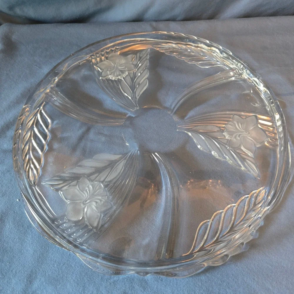 Vintage Frosted Floral Clear Glass Serving Platter Scalloped Wheat Rim 12 Inch